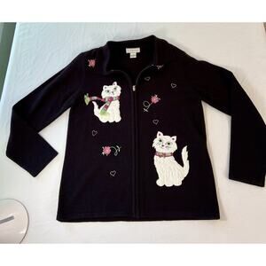 VTG Allison Daley Women SM Black Pink Zip Up Sweater Crazy Cat Lady